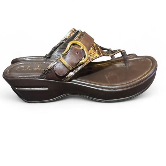Cole Haan Women’s Size 7.5 Brown Leather Wedge Sandals Thong Flip Flop Air Comfo - Picture 3 of 8